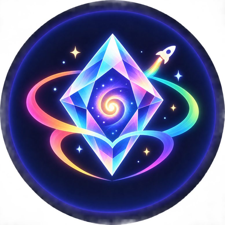 tisabur emblem — a faceted crystal holding a galaxy spiral, with a small rocket leaving a rainbow trail
